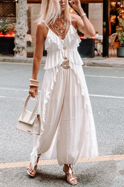 Women's Casual Vacation Ruffled Irregular Hem Suspender Top Wide Pants Two-piece Set - MYSTERYBOXS
