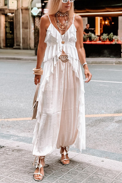 Women's Casual Vacation Ruffled Irregular Hem Suspender Top Wide Pants Two-piece Set - MYSTERYBOXS
