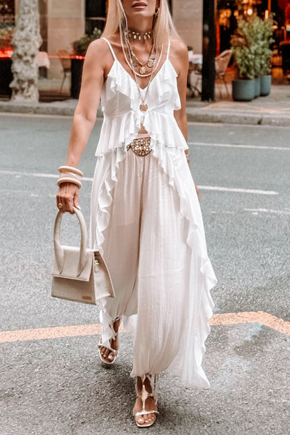 Women's Casual Vacation Ruffled Irregular Hem Suspender Top Wide Pants Two-piece Set - MYSTERYBOXS