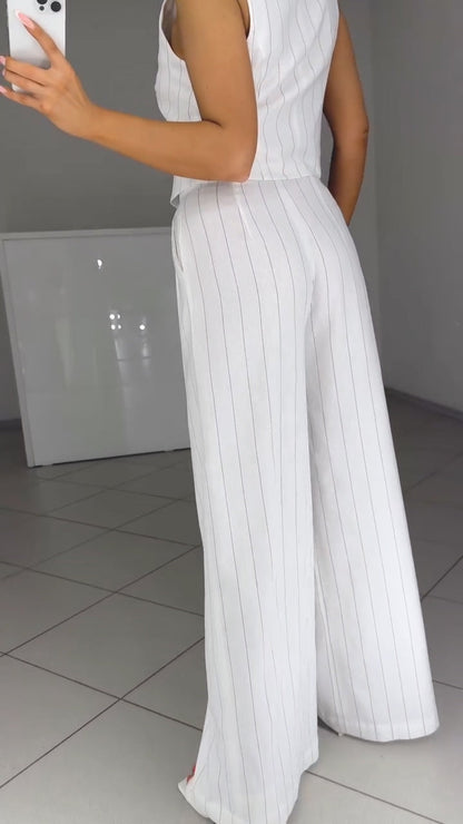 Ladies' V-neck Vertical Stripe Temperament Casual Suit - MYSTERYBOXS