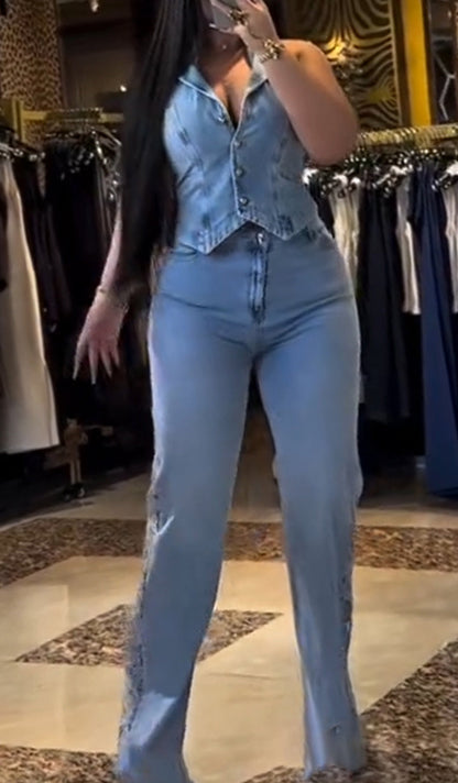 Ladies' Lapel and Buckle Spliced Top+ Printed Hollow Pants Casual Set - MYSTERYBOXS
