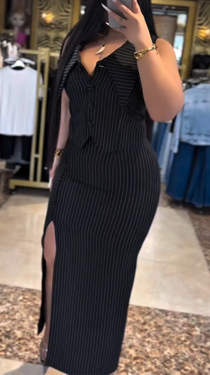 Ladies' Collar Vertical Stripe Top+ Split Skirt Casual Set - MYSTERYBOXS