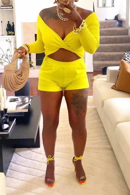 Women's Large V-neck Top+ Short Solid Color Casual Set - MYSTERYBOXS