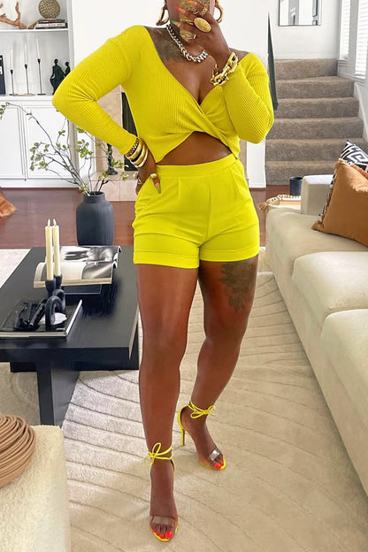 Women's Large V-neck Top+ Short Solid Color Casual Set - MYSTERYBOXS