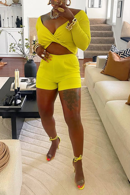 Women's Large V-neck Top+ Short Solid Color Casual Set - MYSTERYBOXS