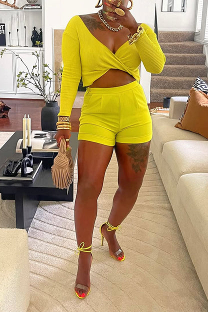 Women's Large V-neck Top+ Short Solid Color Casual Set - MYSTERYBOXS