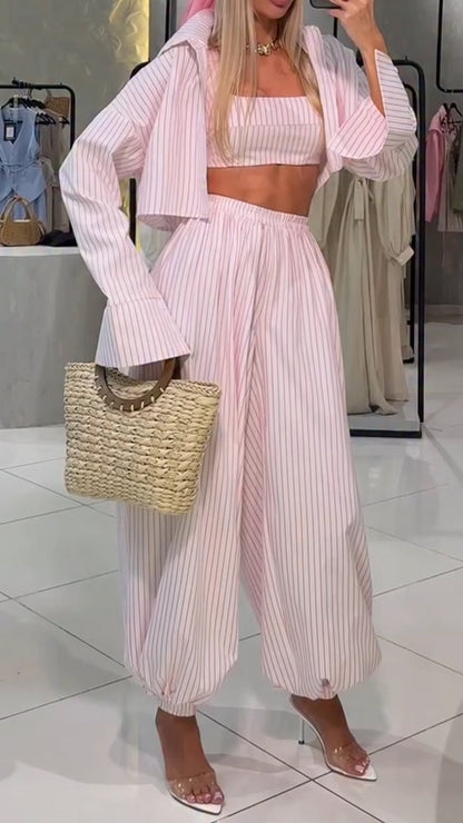Ladies' Collar Vertical Pattern Solid Color Casual Three Piece Set - MYSTERYBOXS