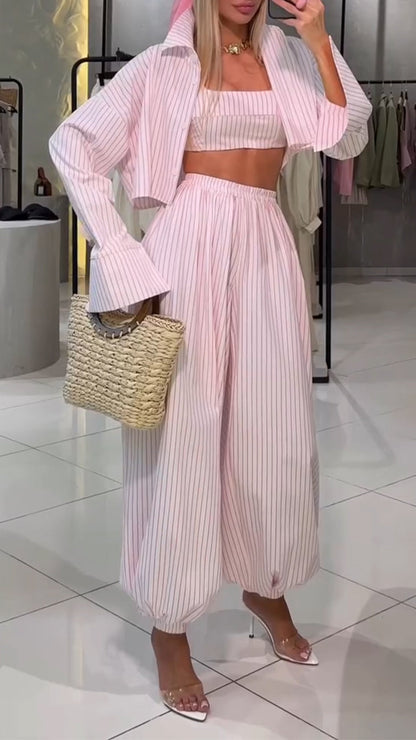 Ladies' Collar Vertical Pattern Solid Color Casual Three Piece Set - MYSTERYBOXS