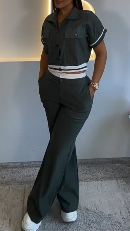 Ladies' Collar Spliced Top+ Pants with A Casual Temperament Suit - MYSTERYBOXS