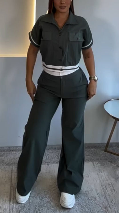 Ladies' Collar Spliced Top+ Pants with A Casual Temperament Suit - MYSTERYBOXS