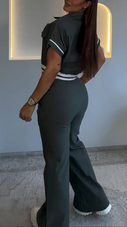Ladies' Collar Spliced Top+ Pants with A Casual Temperament Suit - MYSTERYBOXS