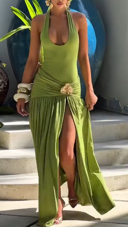 Ladies' Neck Hanging Spliced Slit Casual Vacation Style Dress - MYSTERYBOXS