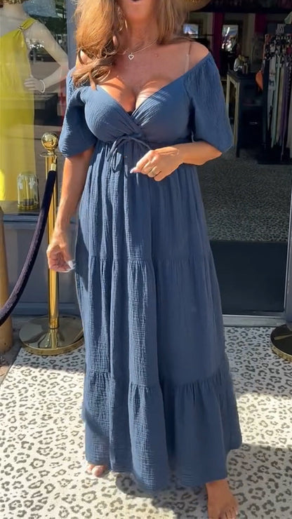 Ladies' Large V-neck Spliced Solid Color Casual Dress - MYSTERYBOXS