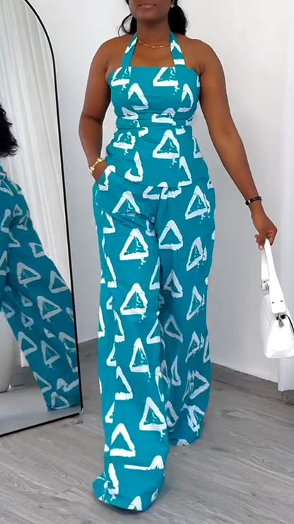 Ladies' Neck Hanging Printed Triangle Top+ Pants Casual Set - MYSTERYBOXS