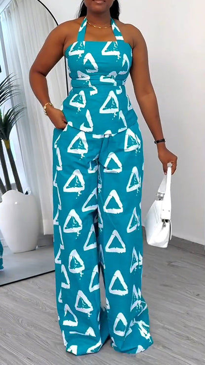 Ladies' Neck Hanging Printed Triangle Top+ Pants Casual Set - MYSTERYBOXS