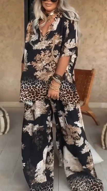 Women's V-neck Printed Top + Pants Loose Casual Suit - MYSTERYBOXS