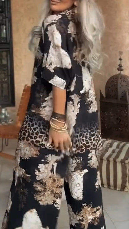 Women's V-neck Printed Top + Pants Loose Casual Suit - MYSTERYBOXS