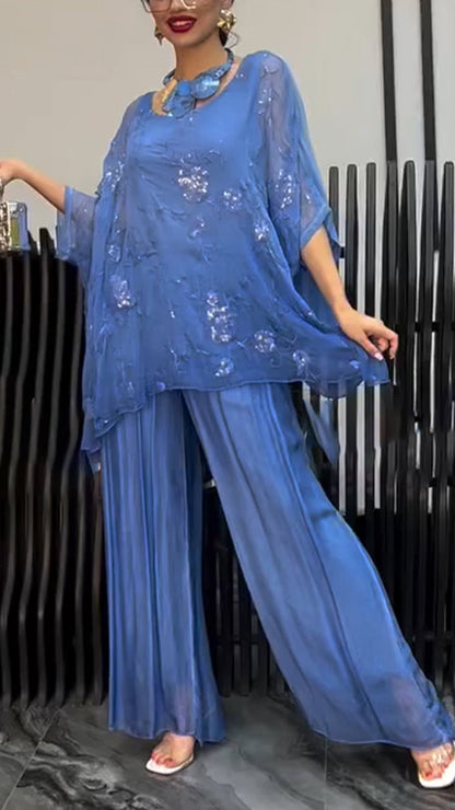 Ladies' Round Neck Printed Sequin Top+ Pants Loose Casual Set - MYSTERYBOXS