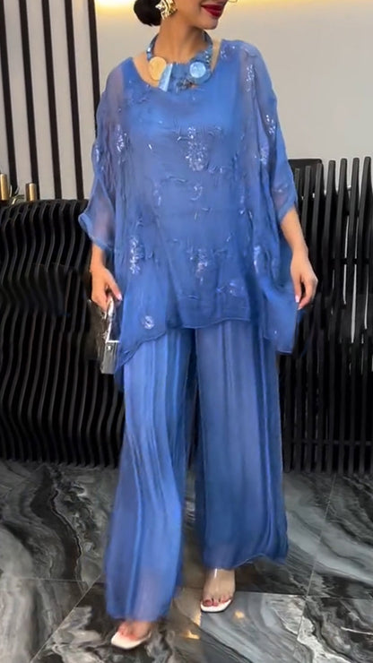 Ladies' Round Neck Printed Sequin Top+ Pants Loose Casual Set - MYSTERYBOXS