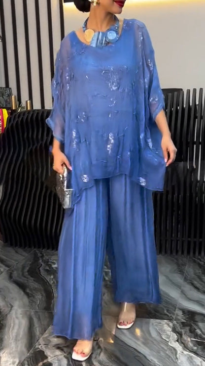 Ladies' Round Neck Printed Sequin Top+ Pants Loose Casual Set - MYSTERYBOXS