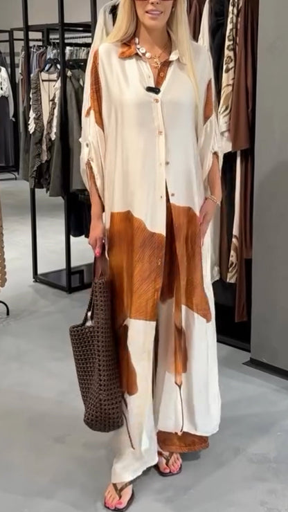 Women's Collar Printed Long Top+ Pants Loose Casual Suit - MYSTERYBOXS