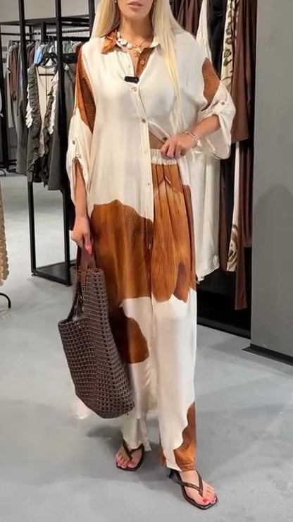 Women's Collar Printed Long Top+ Pants Loose Casual Suit - MYSTERYBOXS
