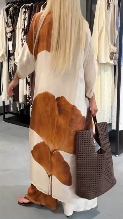 Women's Collar Printed Long Top+ Pants Loose Casual Suit - MYSTERYBOXS