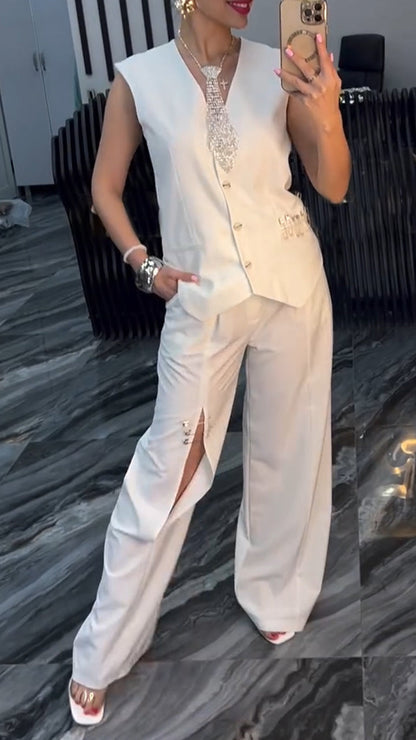 Women's V-neck Breasted Top+ Ripped Pants Solid Color Casual Suit - MYSTERYBOXS