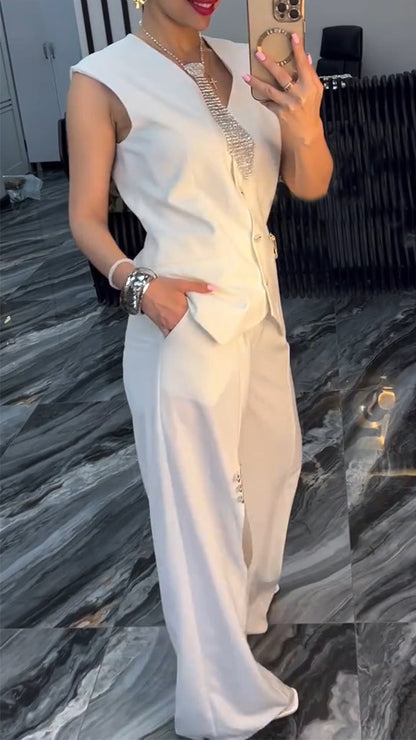 Women's V-neck Breasted Top+ Ripped Pants Solid Color Casual Suit - MYSTERYBOXS