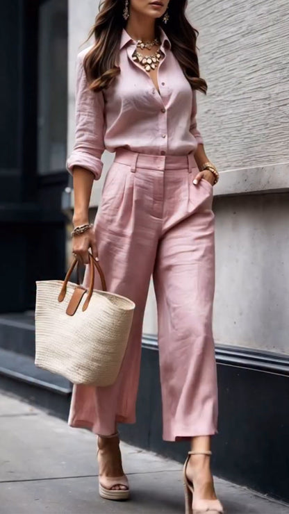 Women's Collar Top+ Pants Commuting Style Set - MYSTERYBOXS