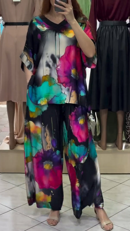 Ladies' V-neck Printed Top + Pants Loose Casual Suit - MYSTERYBOXS