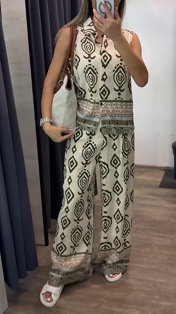 Ladies' Collar Print Casual Set - MYSTERYBOXS