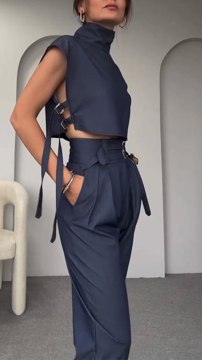 Round Neck Side Hollow Top + Trousers Casual Suit - MYSTERYBOXS
