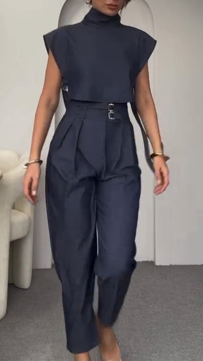 Round Neck Side Hollow Top + Trousers Casual Suit - MYSTERYBOXS