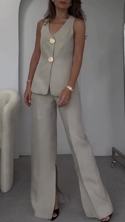 Women's V-neck Button Vest Top + Slit Trousers Casual Suit - MYSTERYBOXS