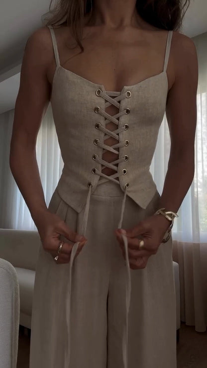 Women's Eyelet Strap Top + Trousers Casual Suit - MYSTERYBOXS