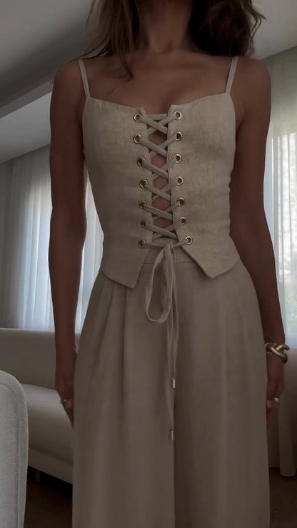 Women's Eyelet Strap Top + Trousers Casual Suit - MYSTERYBOXS