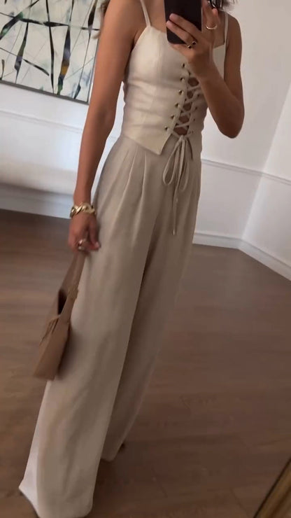 Women's Eyelet Strap Top + Trousers Casual Suit - MYSTERYBOXS