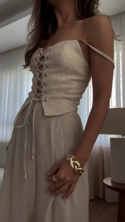 Women's Eyelet Strap Top + Trousers Casual Suit - MYSTERYBOXS