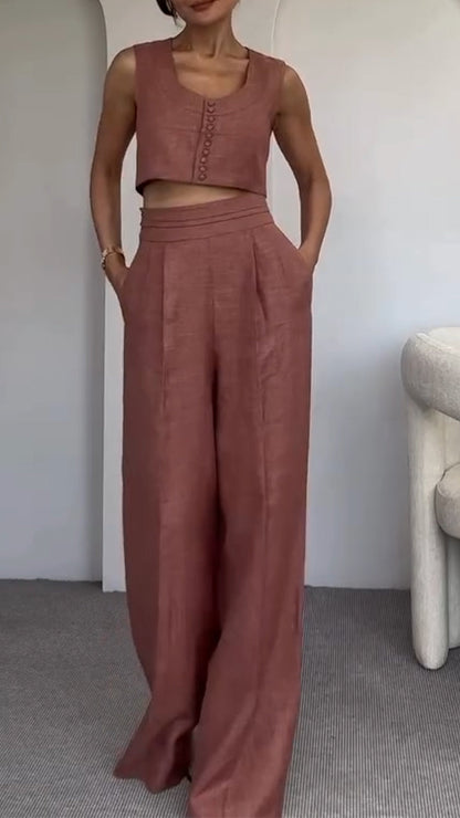 Women's Round Neck Multi-button + Trousers Casual Suit - MYSTERYBOXS