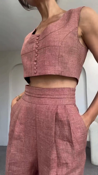 Women's Round Neck Multi-button + Trousers Casual Suit - MYSTERYBOXS