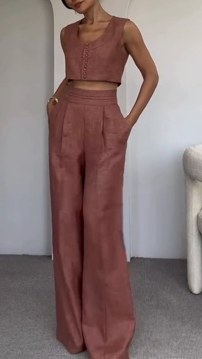 Women's Round Neck Multi-button + Trousers Casual Suit - MYSTERYBOXS