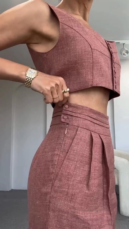 Women's Round Neck Multi-button + Trousers Casual Suit - MYSTERYBOXS