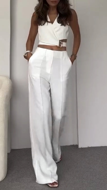 Women's V-neck Short Top + Trousers Casual Suit - MYSTERYBOXS