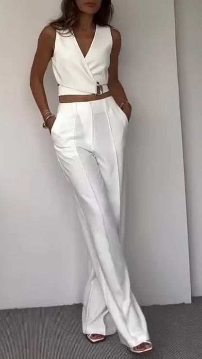 Women's V-neck Short Top + Trousers Casual Suit - MYSTERYBOXS
