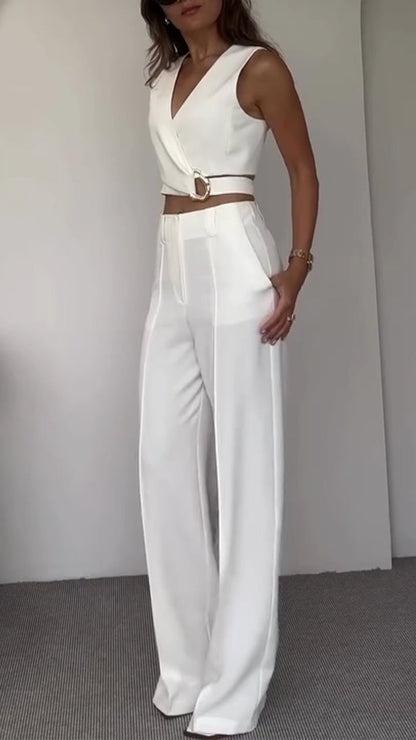 Women's V-neck Short Top + Trousers Casual Suit - MYSTERYBOXS