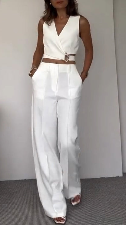 Women's V-neck Short Top + Trousers Casual Suit - MYSTERYBOXS