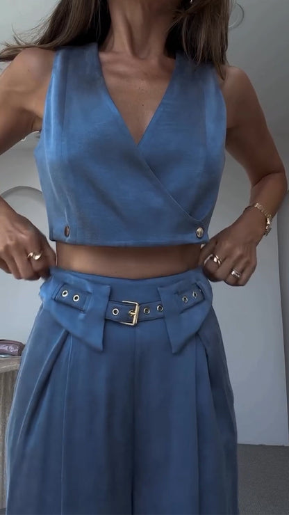 Women's V-neck Button Short Top + Trousers Casual Suit - MYSTERYBOXS