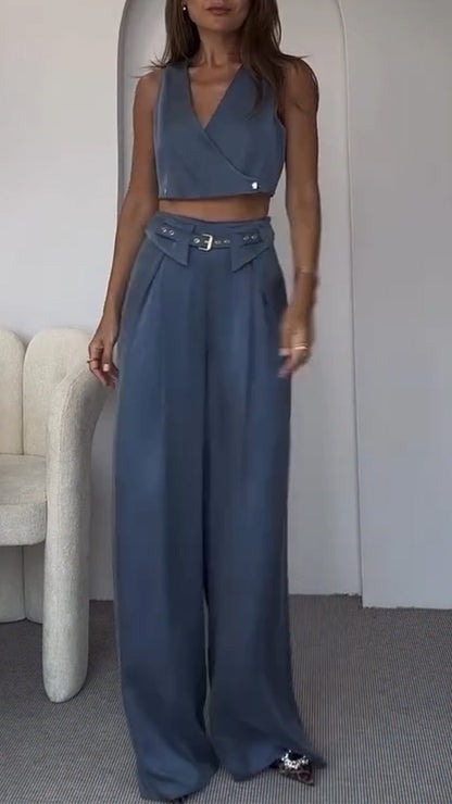 Women's V-neck Button Short Top + Trousers Casual Suit - MYSTERYBOXS