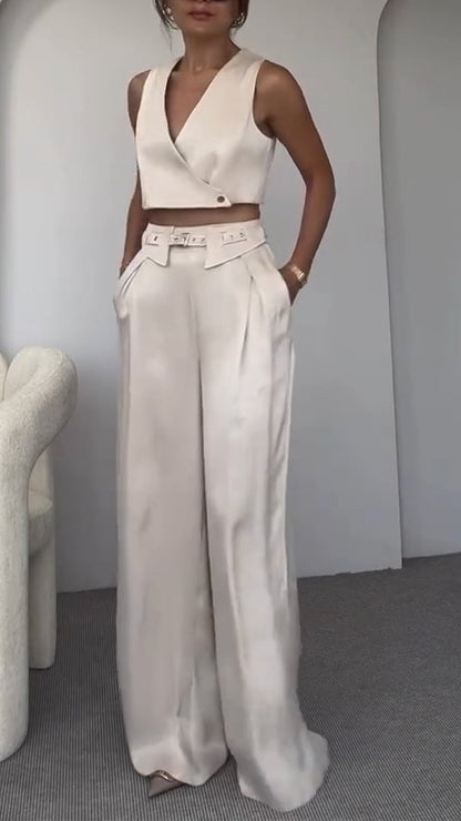 Women's V-neck Button Short Top + Trousers Casual Suit - MYSTERYBOXS